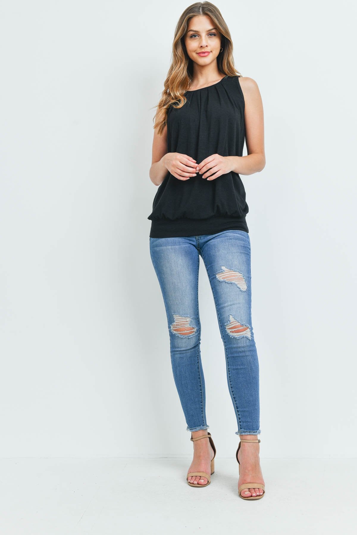 Sleeveless Pleated Top With Waistband