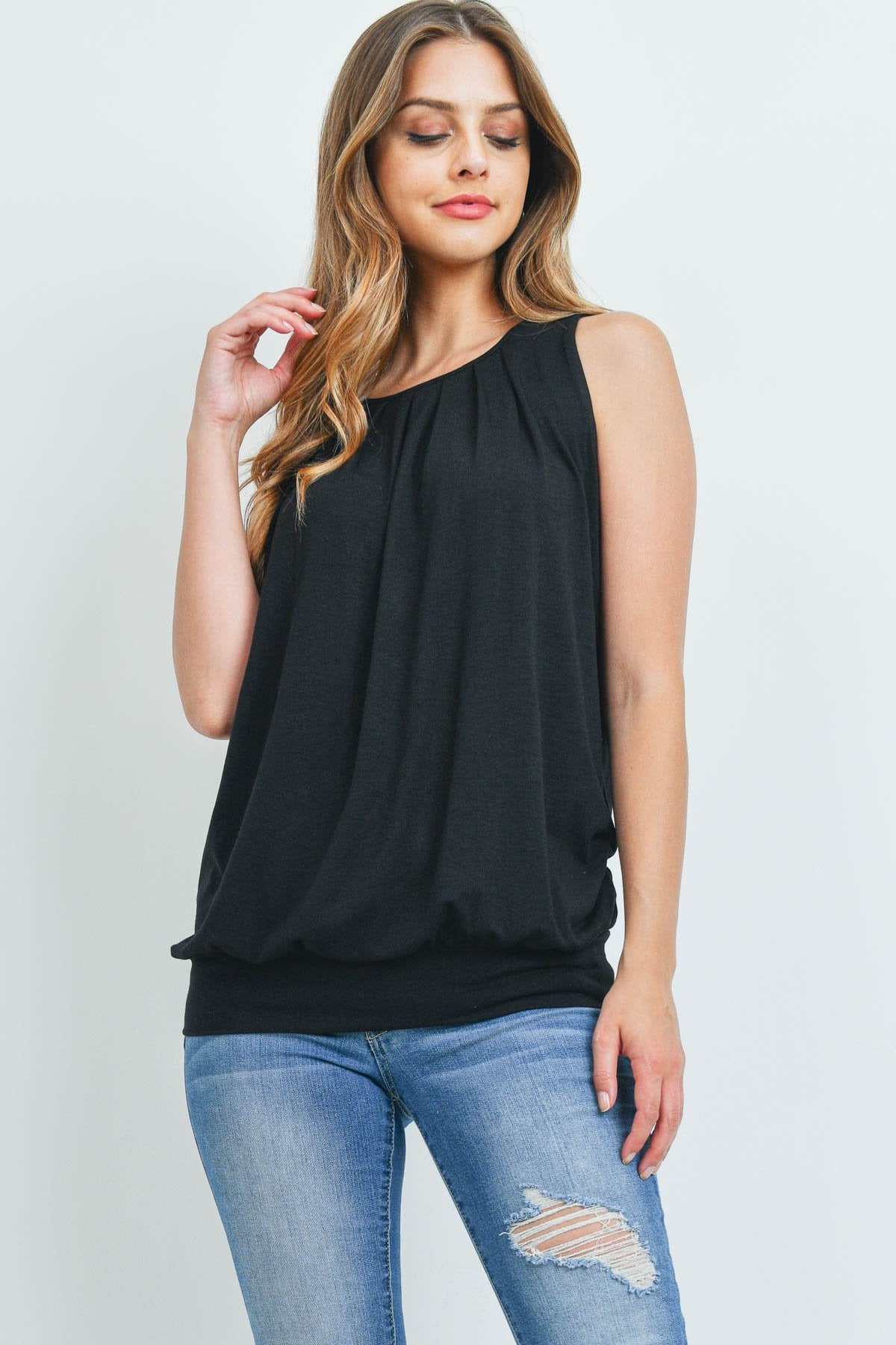 Sleeveless Pleated Top With Waistband