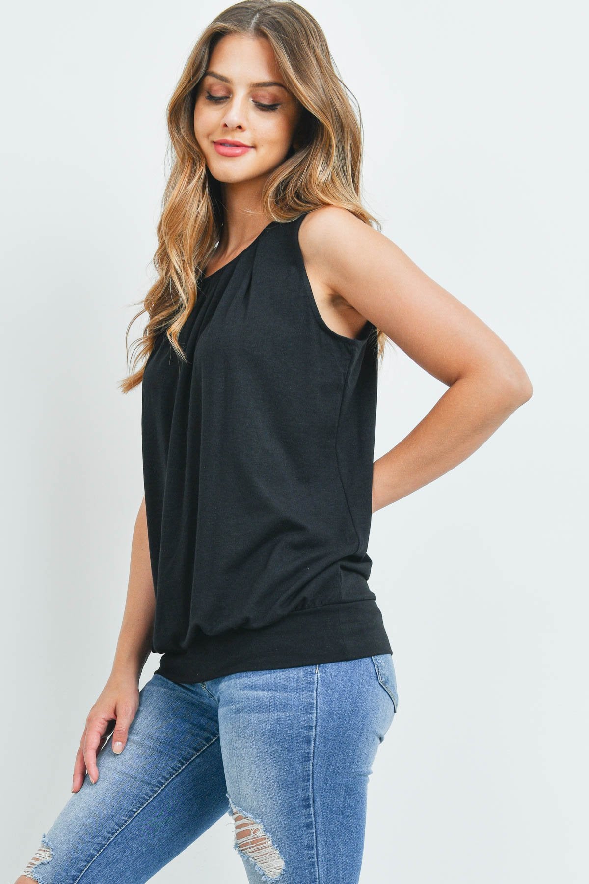 Sleeveless Pleated Top With Waistband