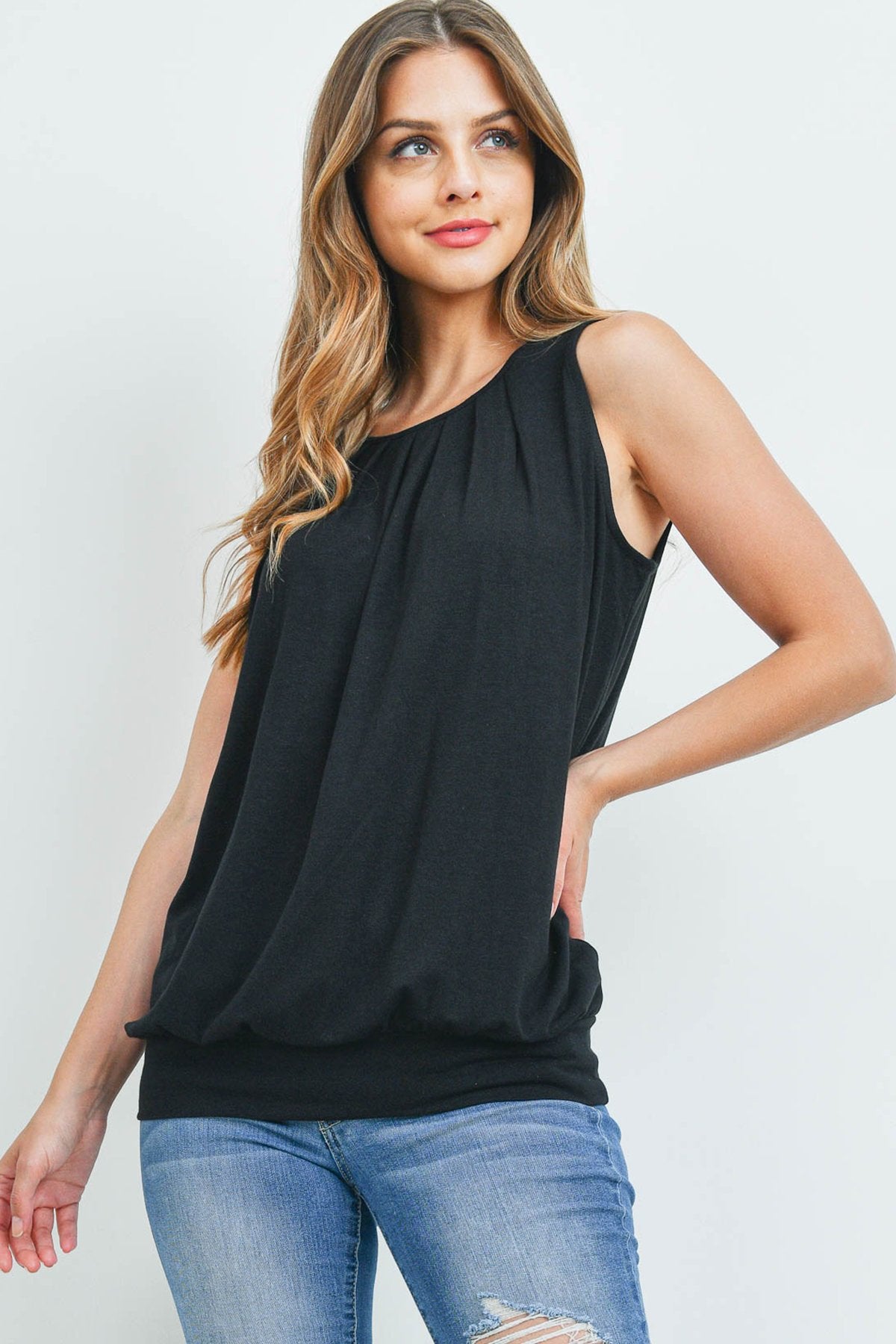 Sleeveless Pleated Top With Waistband