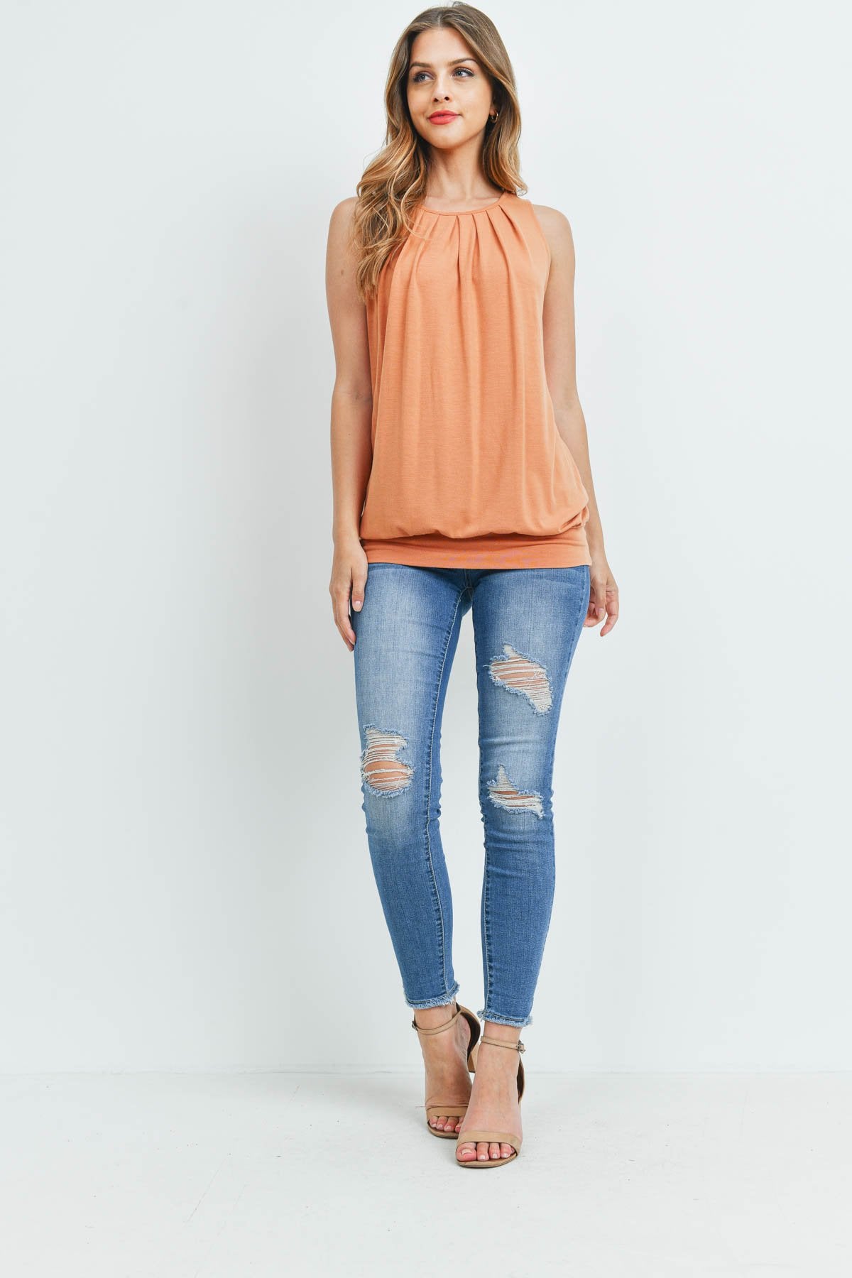 Sleeveless Pleated Top With Waistband
