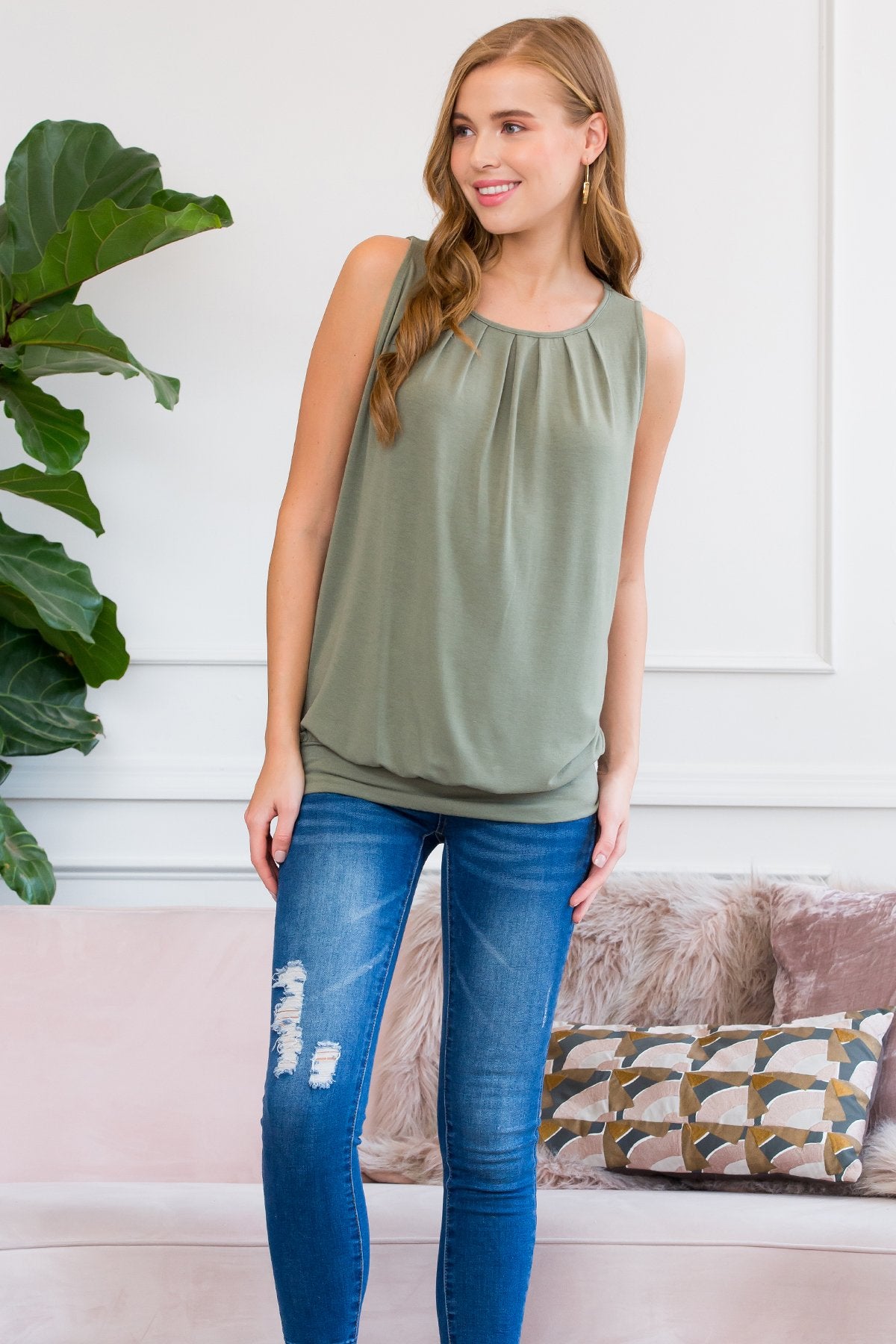 Sleeveless Pleated Top With Waistband