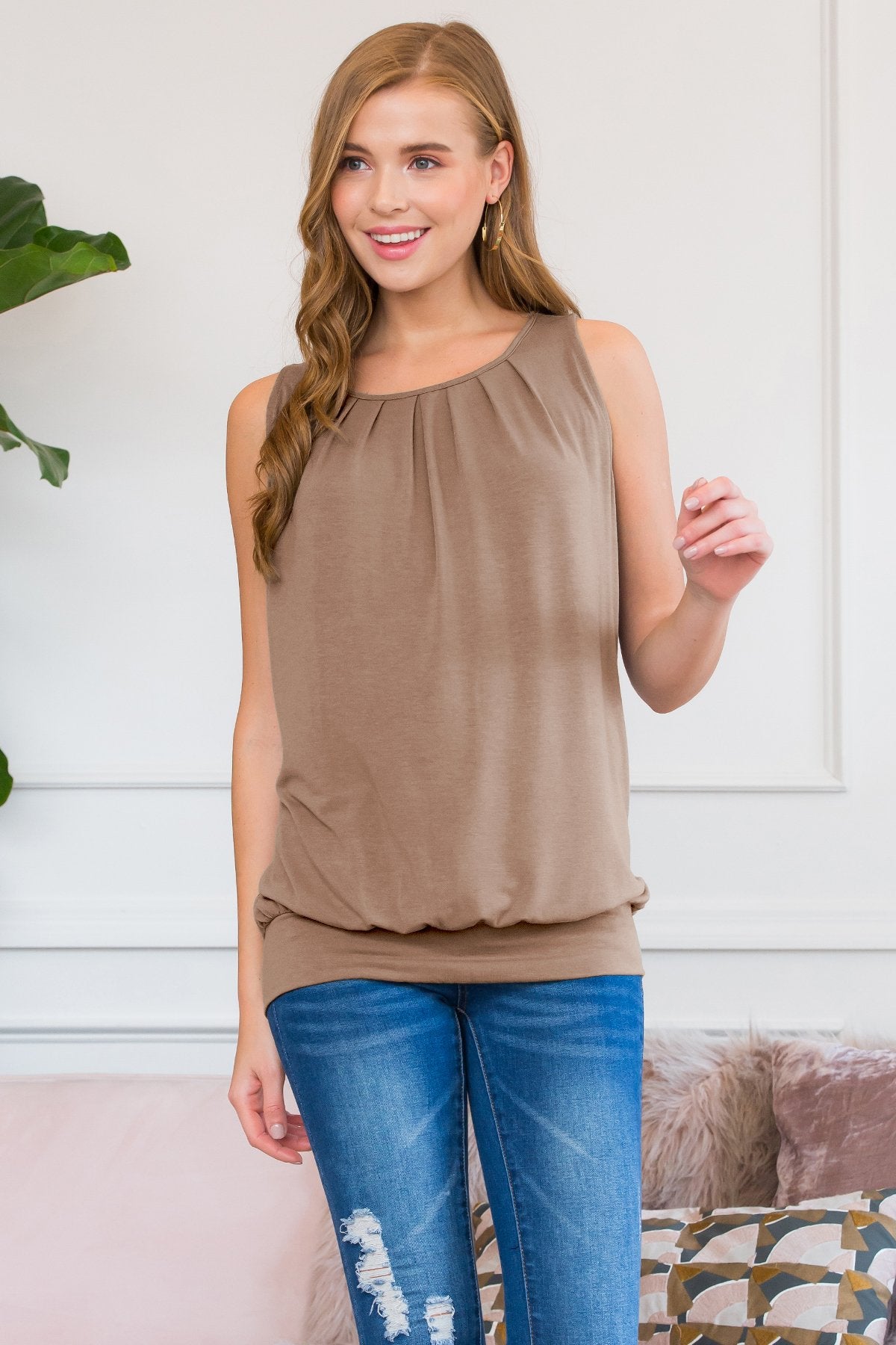 Sleeveless Pleated Top With Waistband