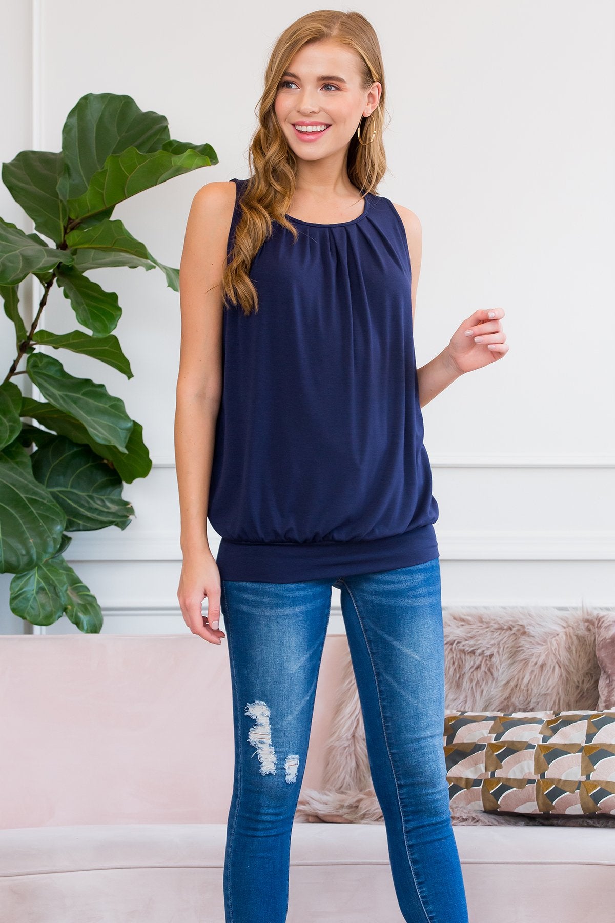 Sleeveless Pleated Top With Waistband