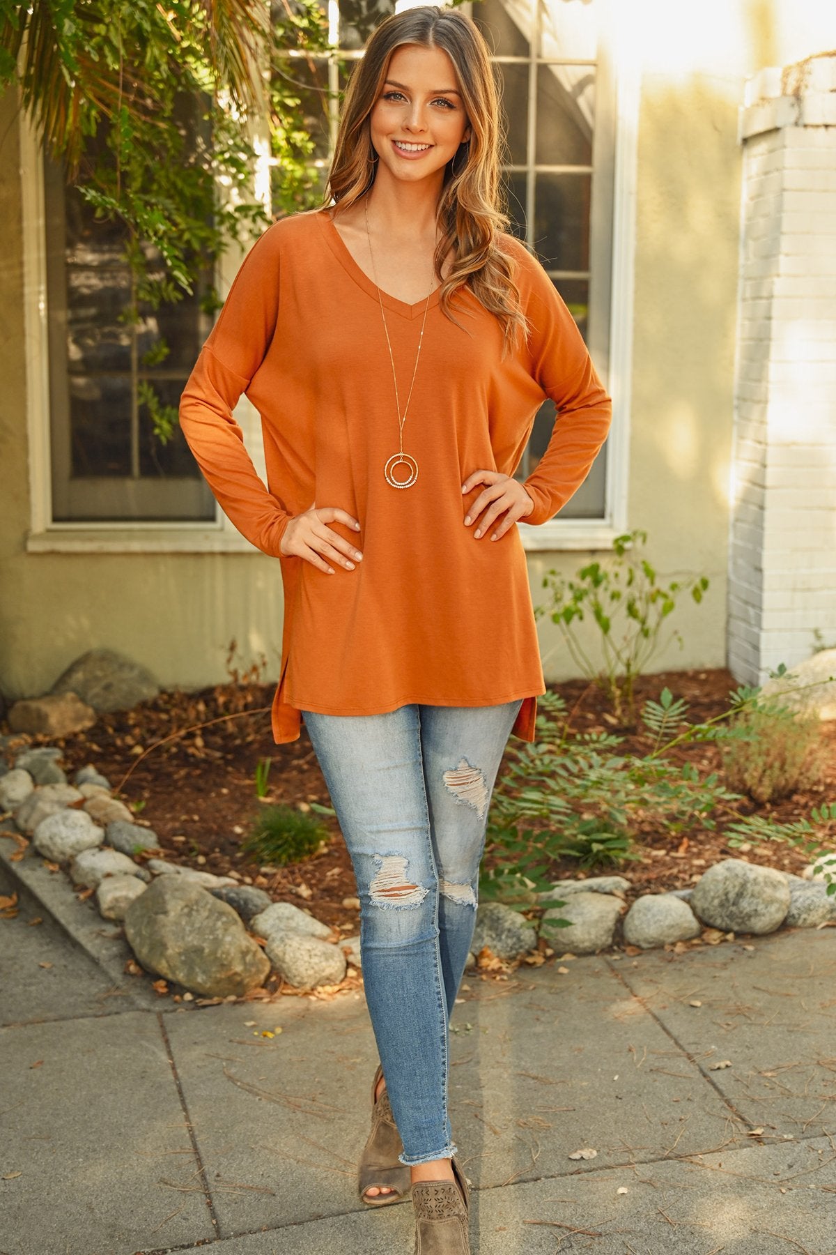 Dolman Long Sleeve V-Neck Side Slit Tunic