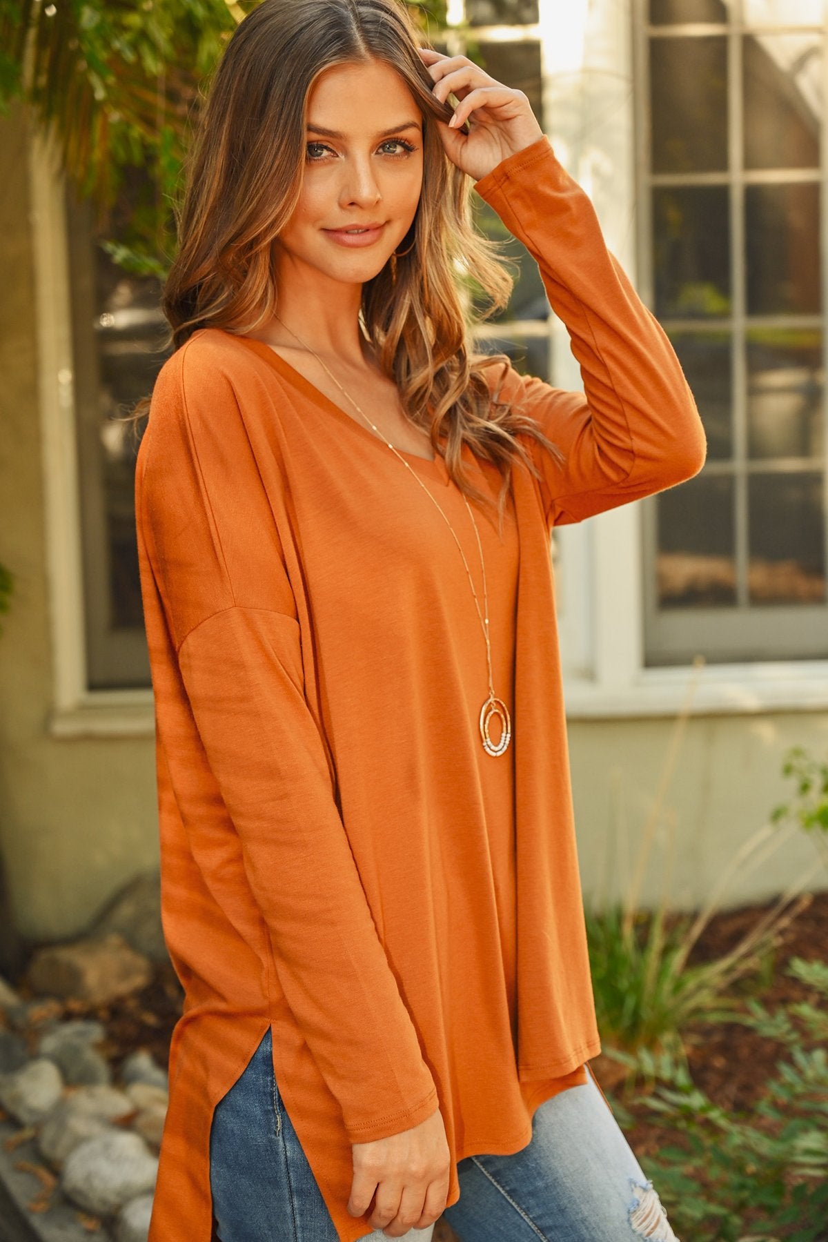 Dolman Long Sleeve V-Neck Side Slit Tunic