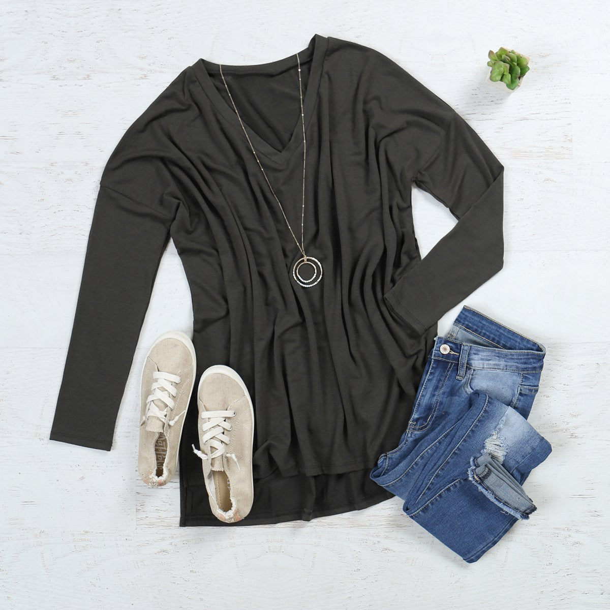 Dolman Long Sleeve V-Neck Side Slit Tunic