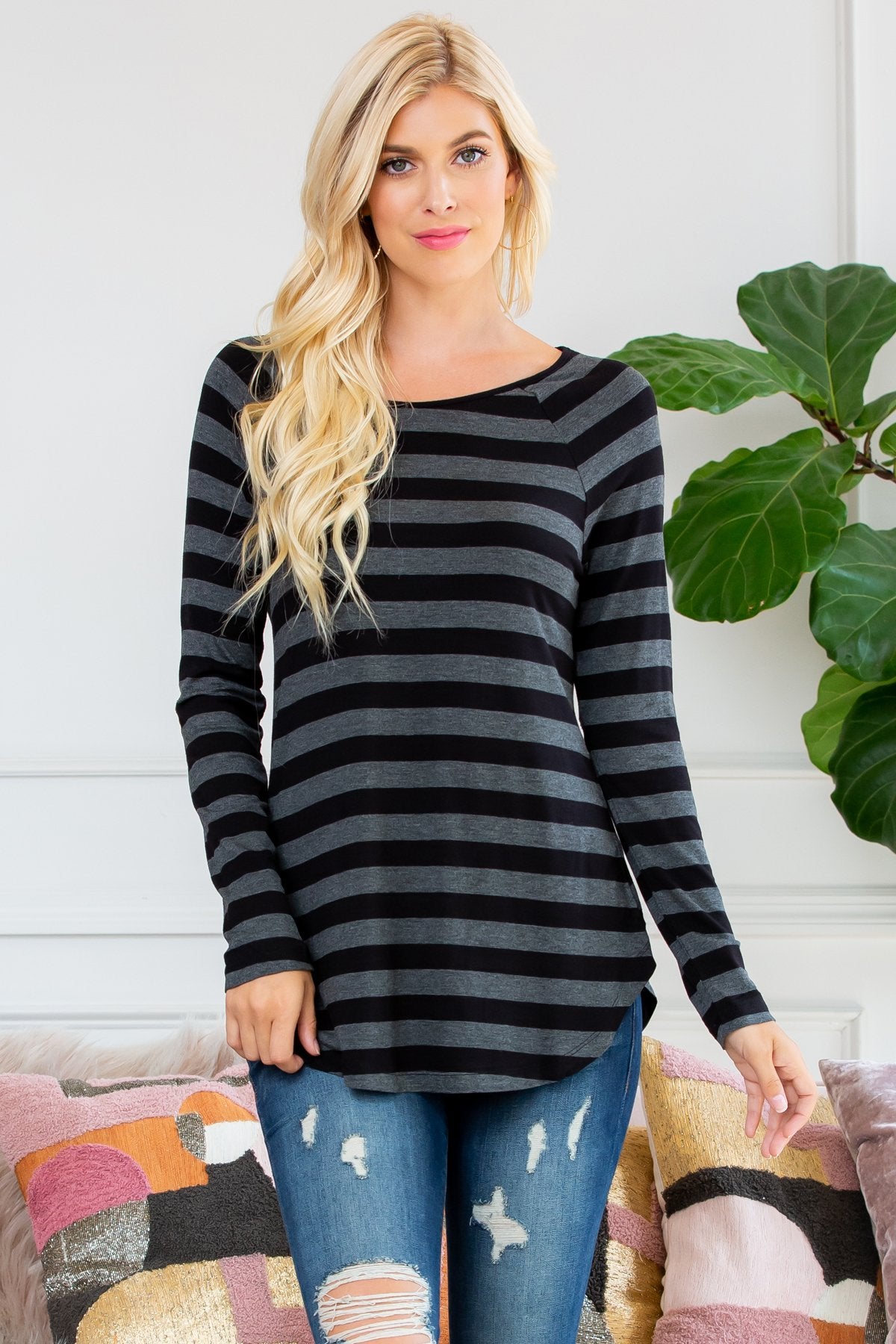 Long Sleeved Striped Elbow Suede Patch Tunic