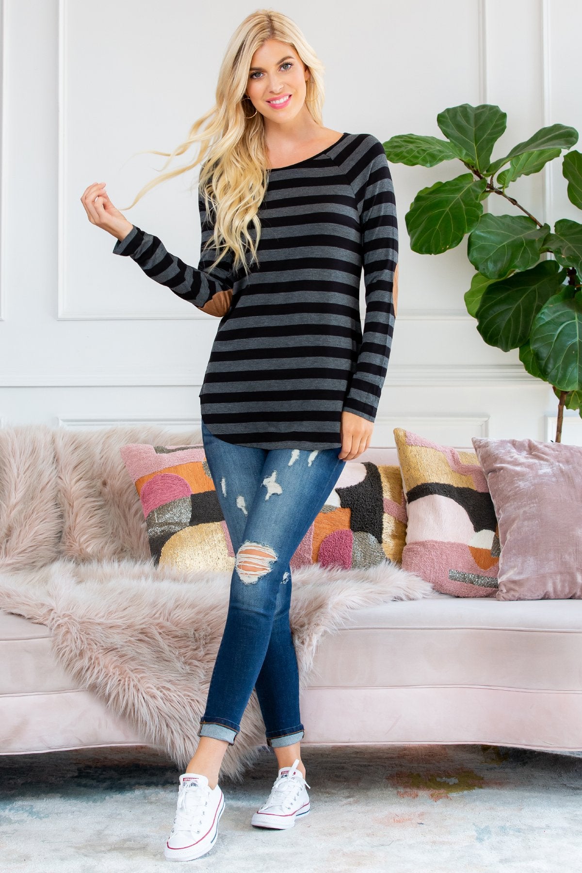 Long Sleeved Striped Elbow Suede Patch Tunic