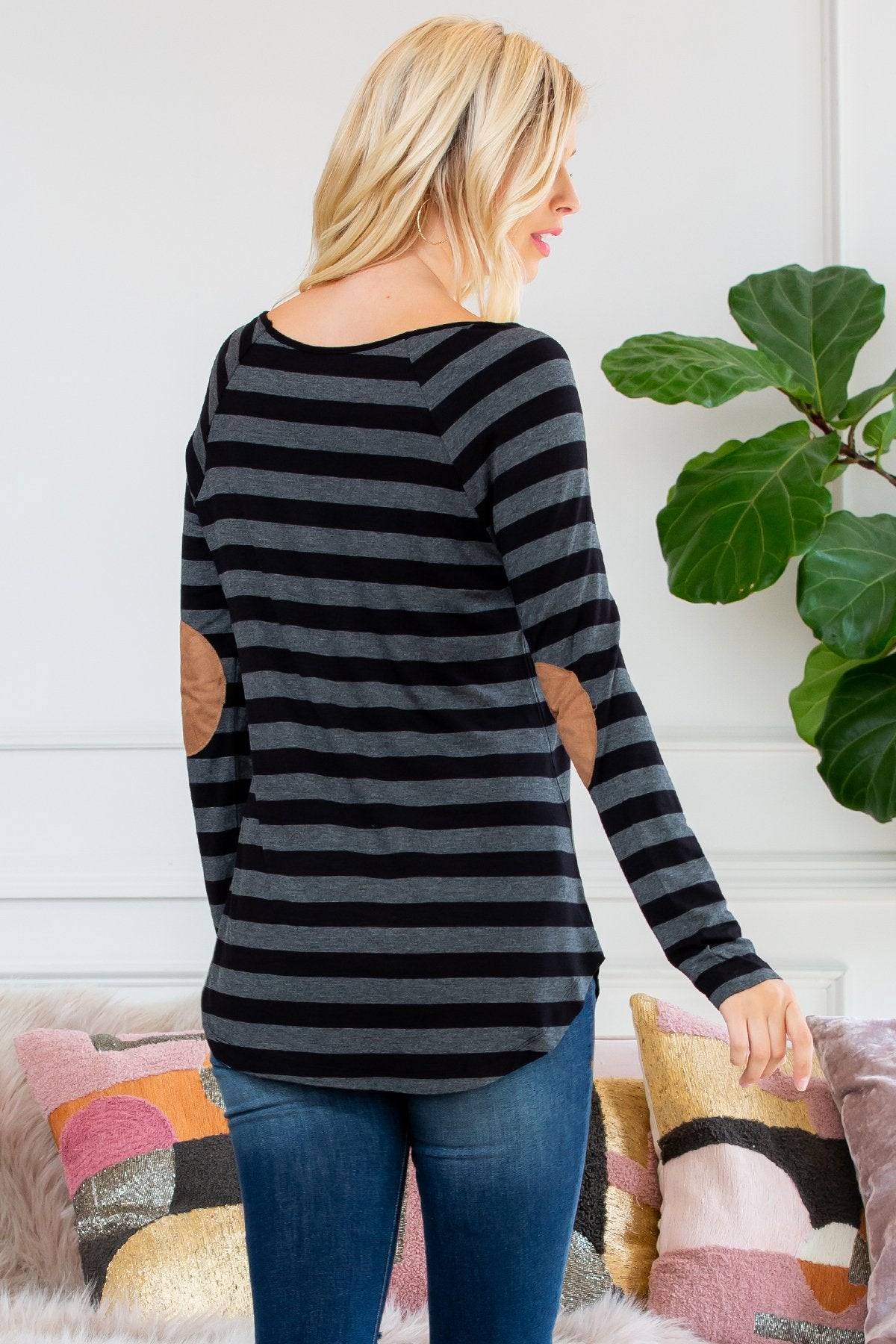 Long Sleeved Striped Elbow Suede Patch Tunic