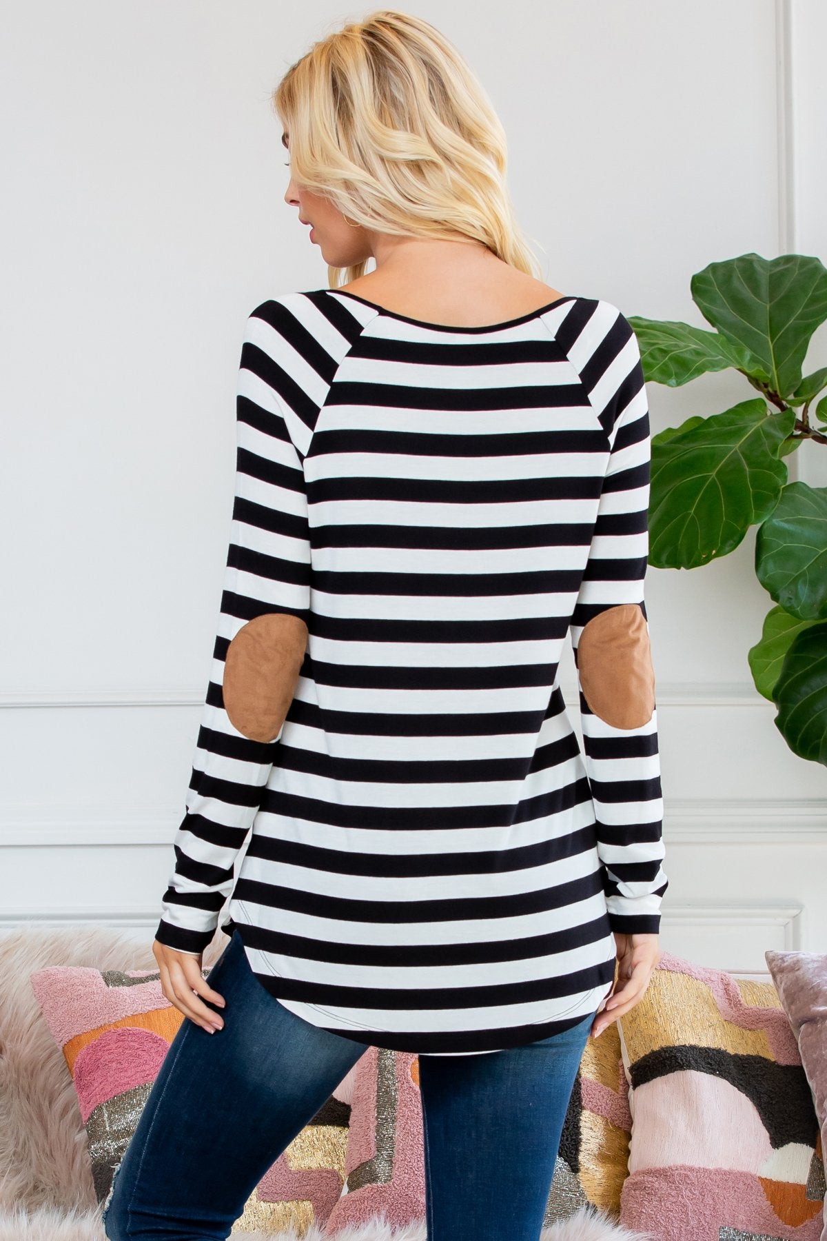 Long Sleeved Striped Elbow Suede Patch Tunic