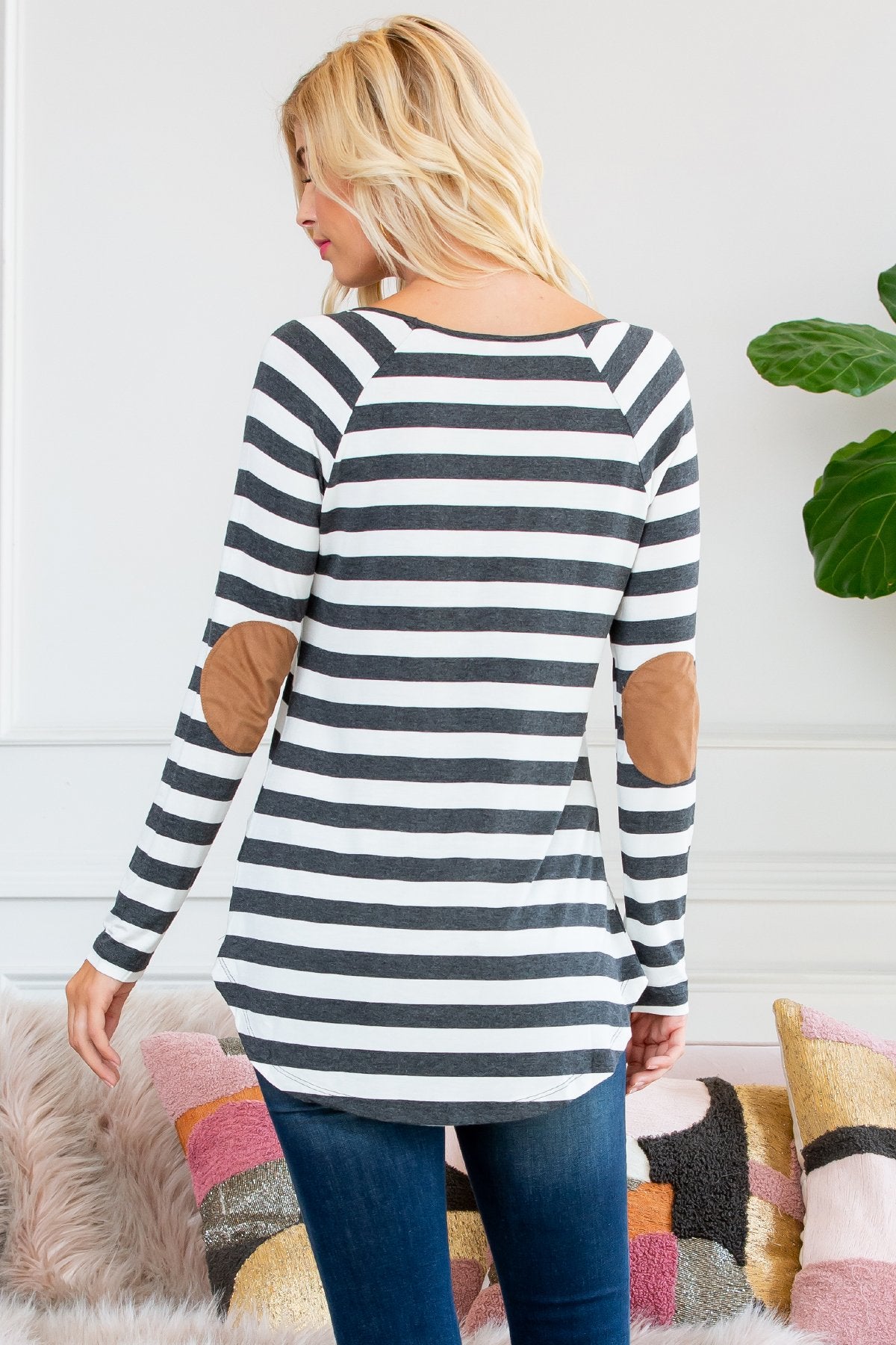 Long Sleeved Striped Elbow Suede Patch Tunic