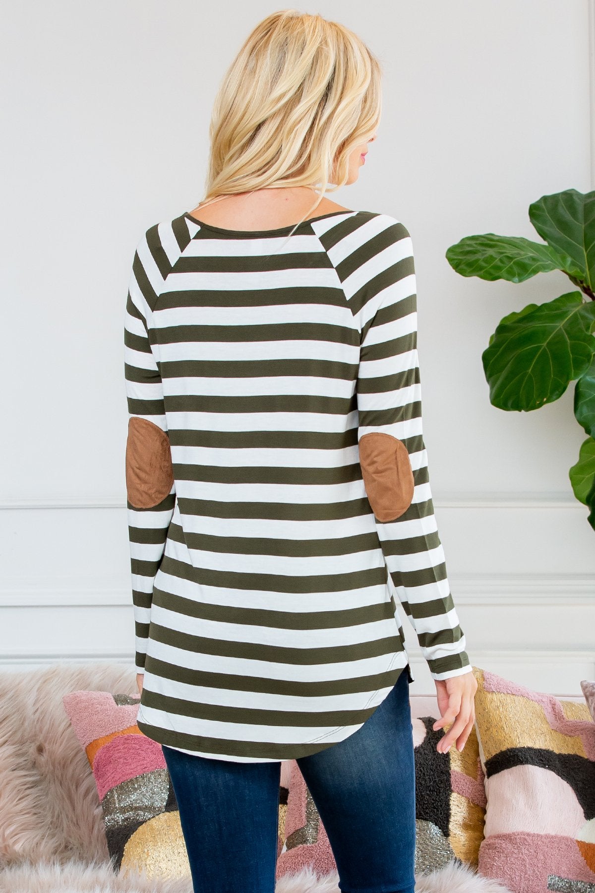Long Sleeved Striped Elbow Suede Patch Tunic