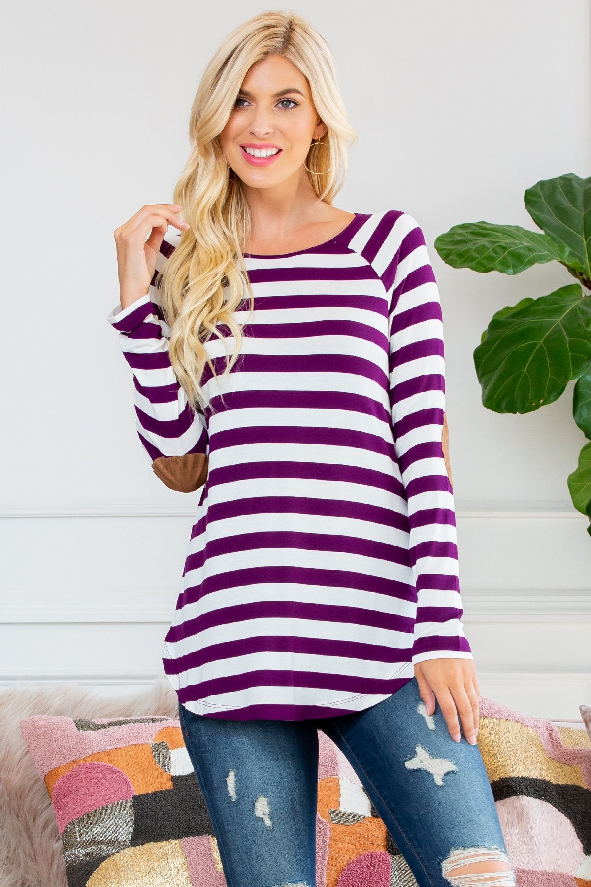 Long Sleeved Striped Elbow Suede Patch Tunic