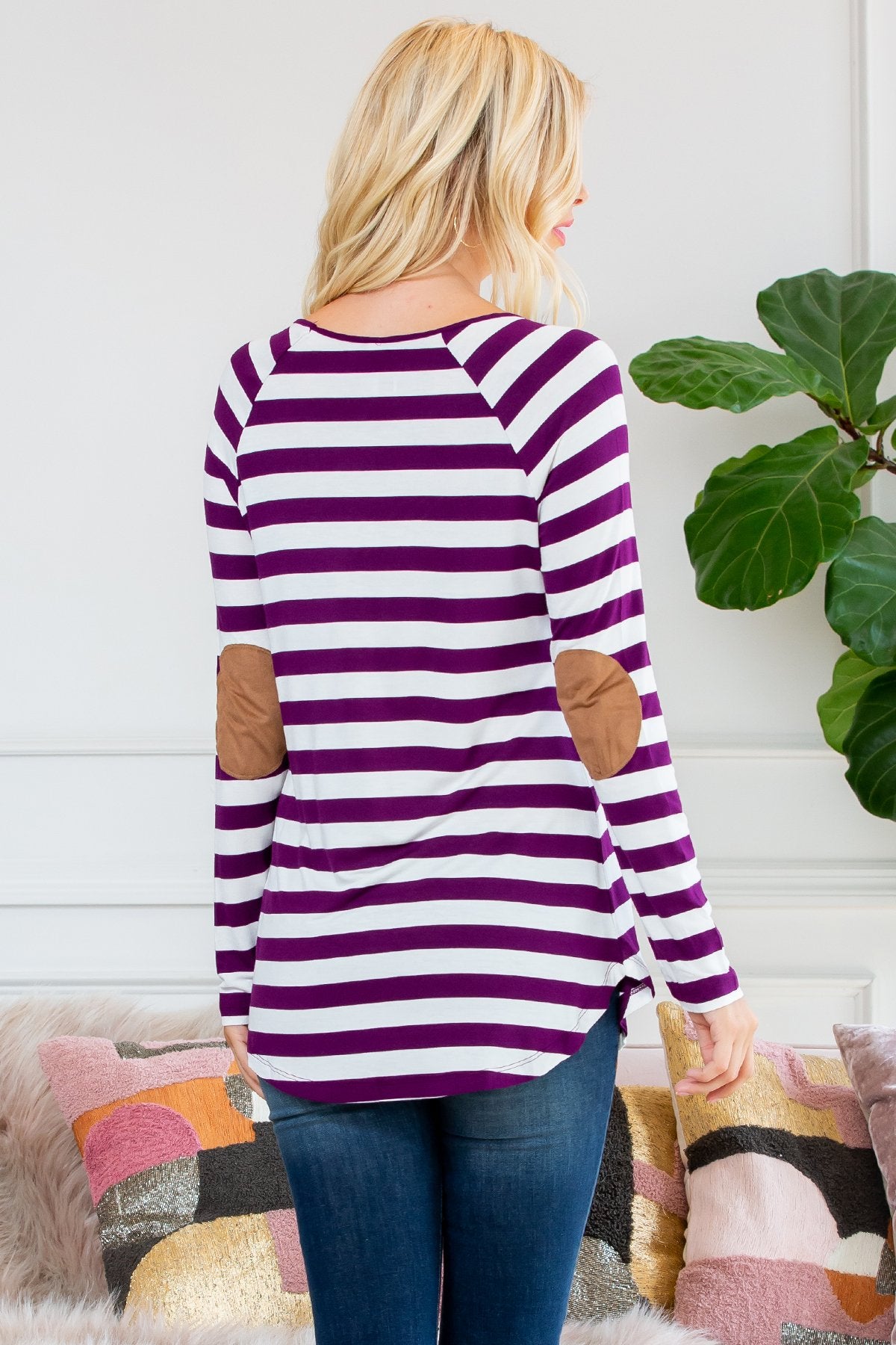 Long Sleeved Striped Elbow Suede Patch Tunic