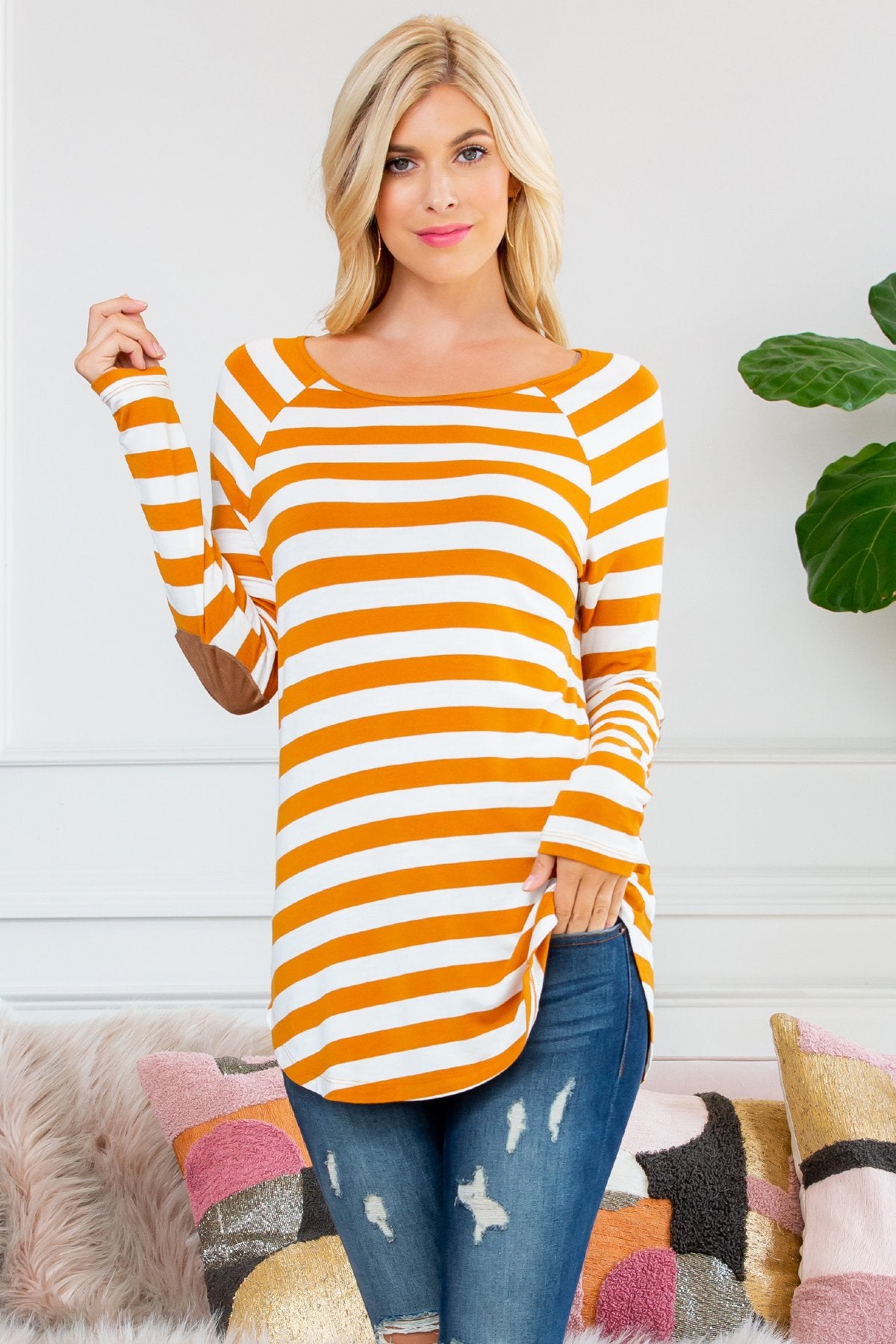 Long Sleeved Striped Elbow Suede Patch Tunic