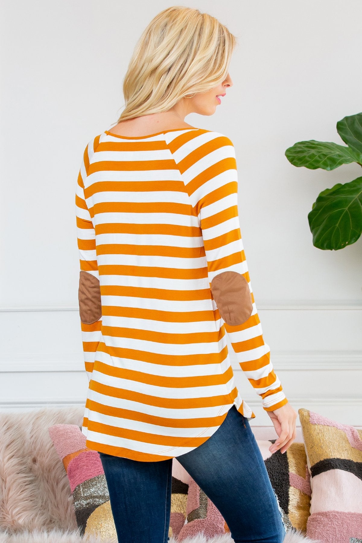 Long Sleeved Striped Elbow Suede Patch Tunic