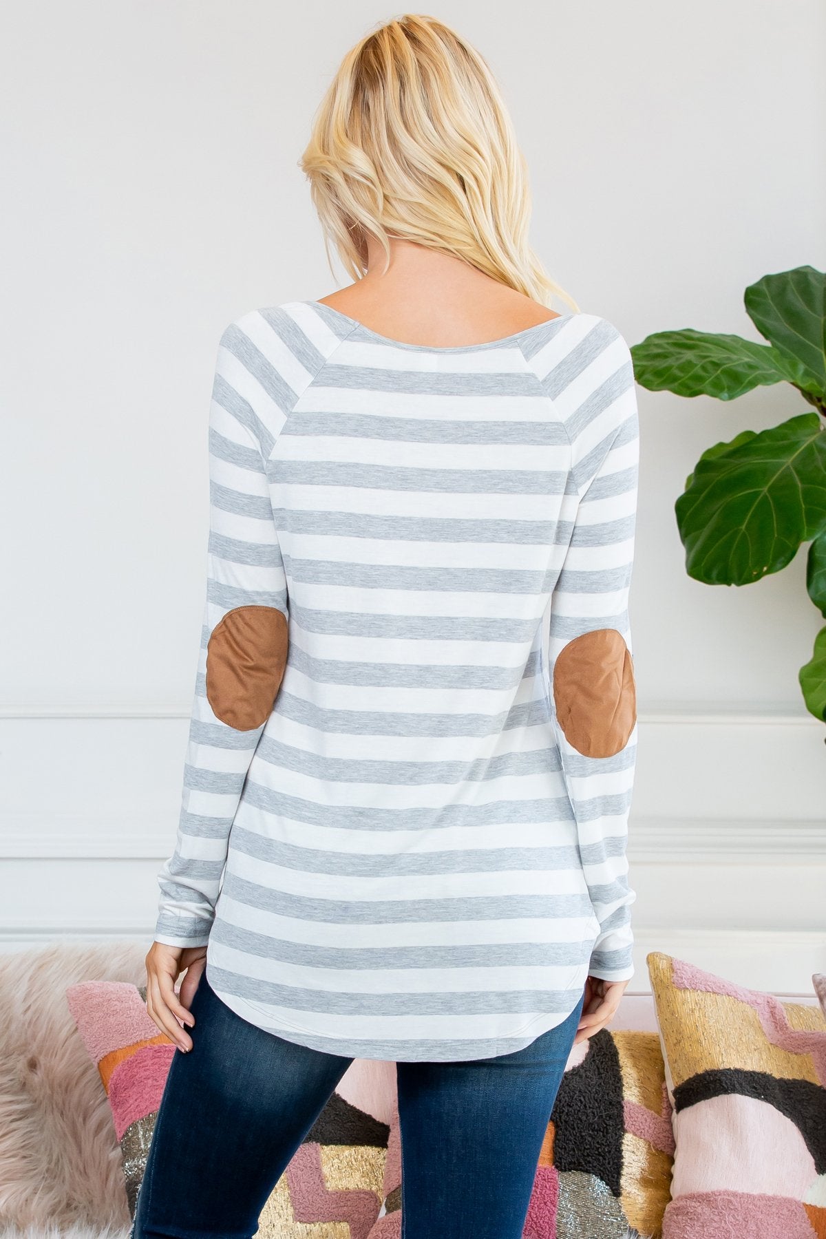 Long Sleeved Striped Elbow Suede Patch Tunic