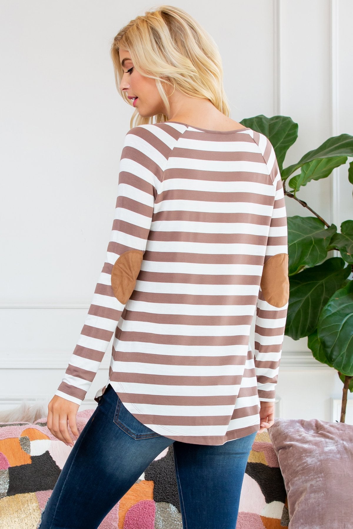 Long Sleeved Striped Elbow Suede Patch Tunic