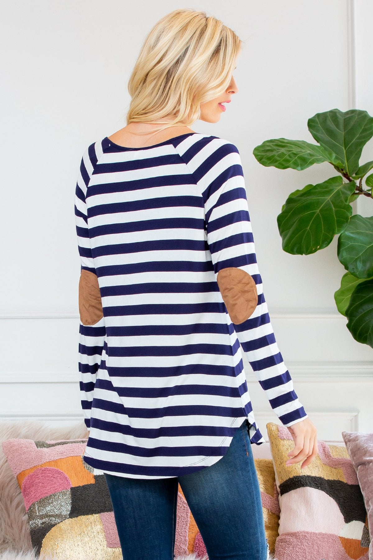 Long Sleeved Striped Elbow Suede Patch Tunic