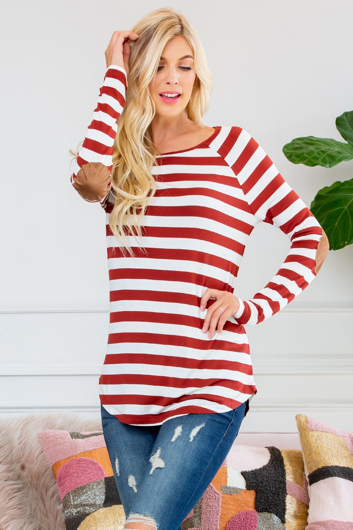 Long Sleeved Striped Elbow Suede Patch Tunic
