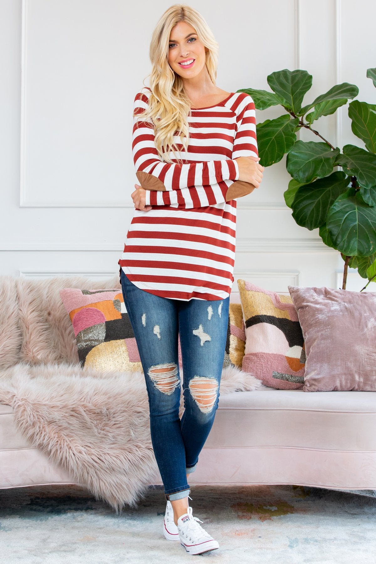 Long Sleeved Striped Elbow Suede Patch Tunic