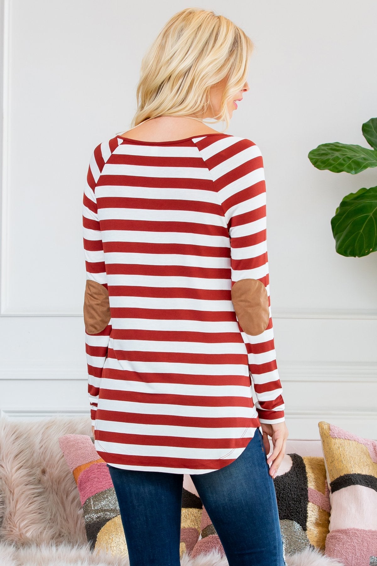 Long Sleeved Striped Elbow Suede Patch Tunic