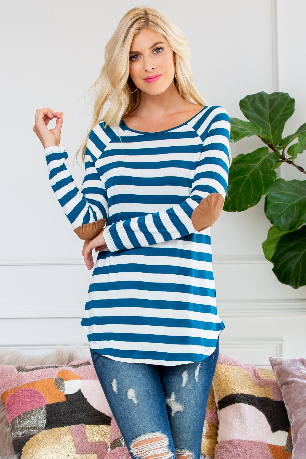 Long Sleeved Striped Elbow Suede Patch Tunic
