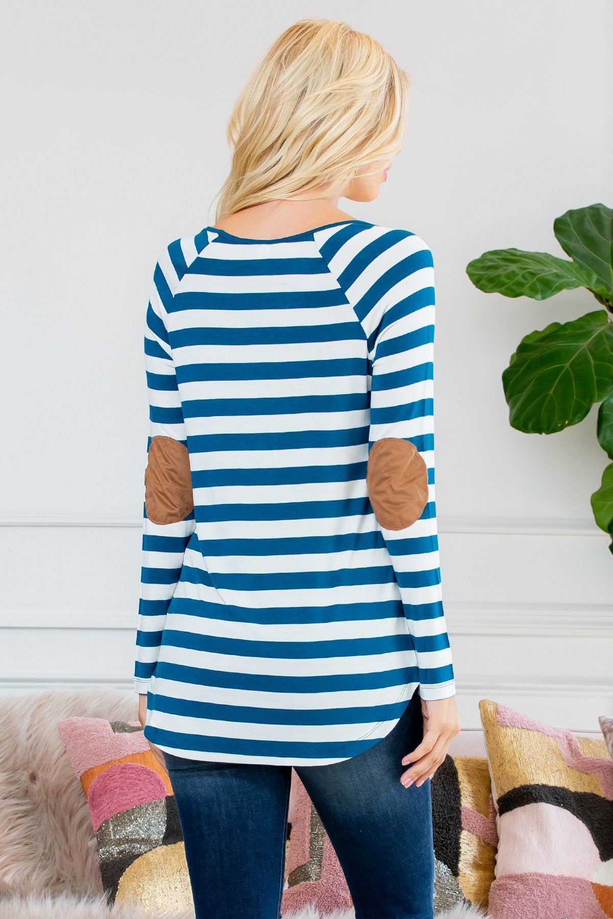 Long Sleeved Striped Elbow Suede Patch Tunic