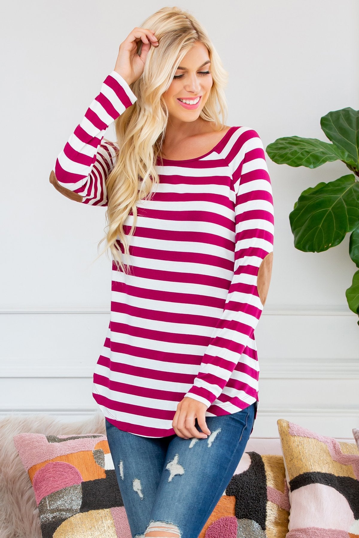 Long Sleeved Striped Elbow Suede Patch Tunic