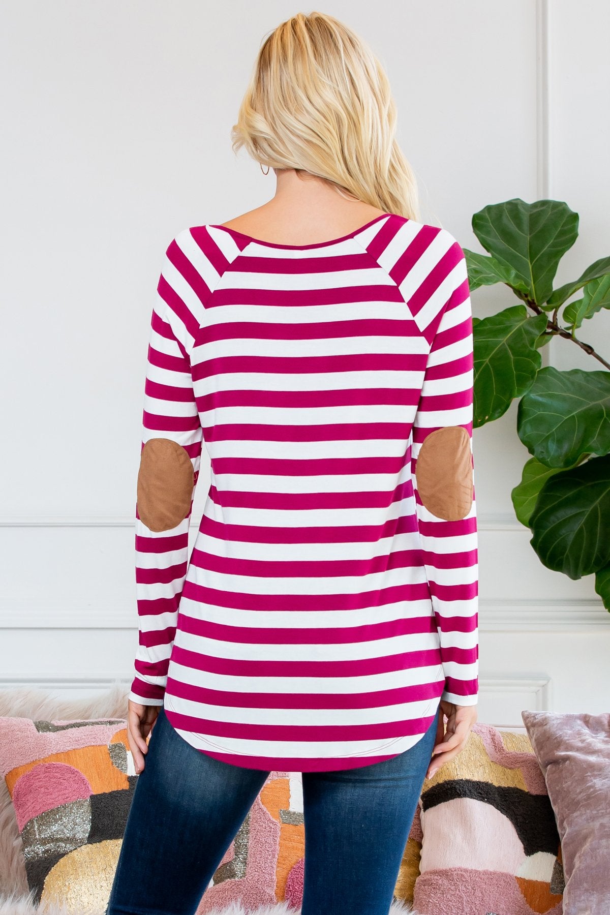 Long Sleeved Striped Elbow Suede Patch Tunic