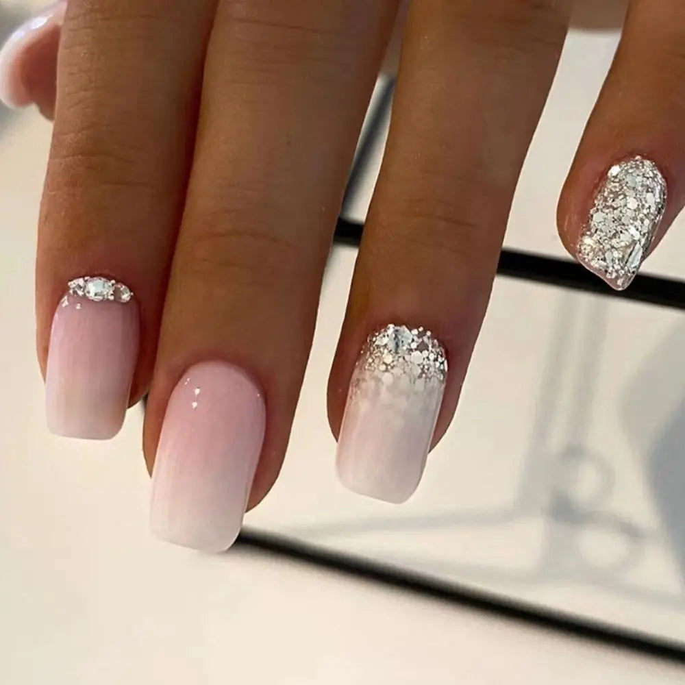 24pcs False Nail Full Cover Fake Nail Elegant Pink Gradient Glitter French Short Nails Coffin Short False Nail Press on Nails