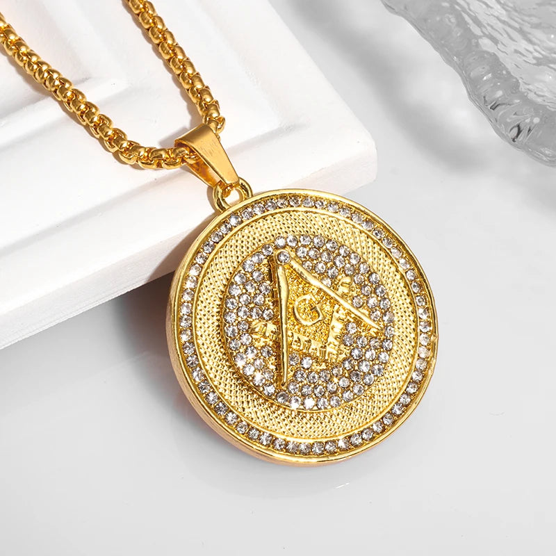 Men\'s Classic Punk Gold Plated Freemason Round Medal Pendant Necklace Hip Hop Style Rock Party Jewelry