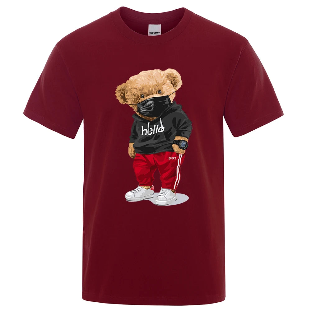 100% Cotton Sports Mask Bear Print Short-Sleeved T-Shirt Male Half-Sleeved Summer Casual Oversized T-Shirt Men Shirt S-Xxxl