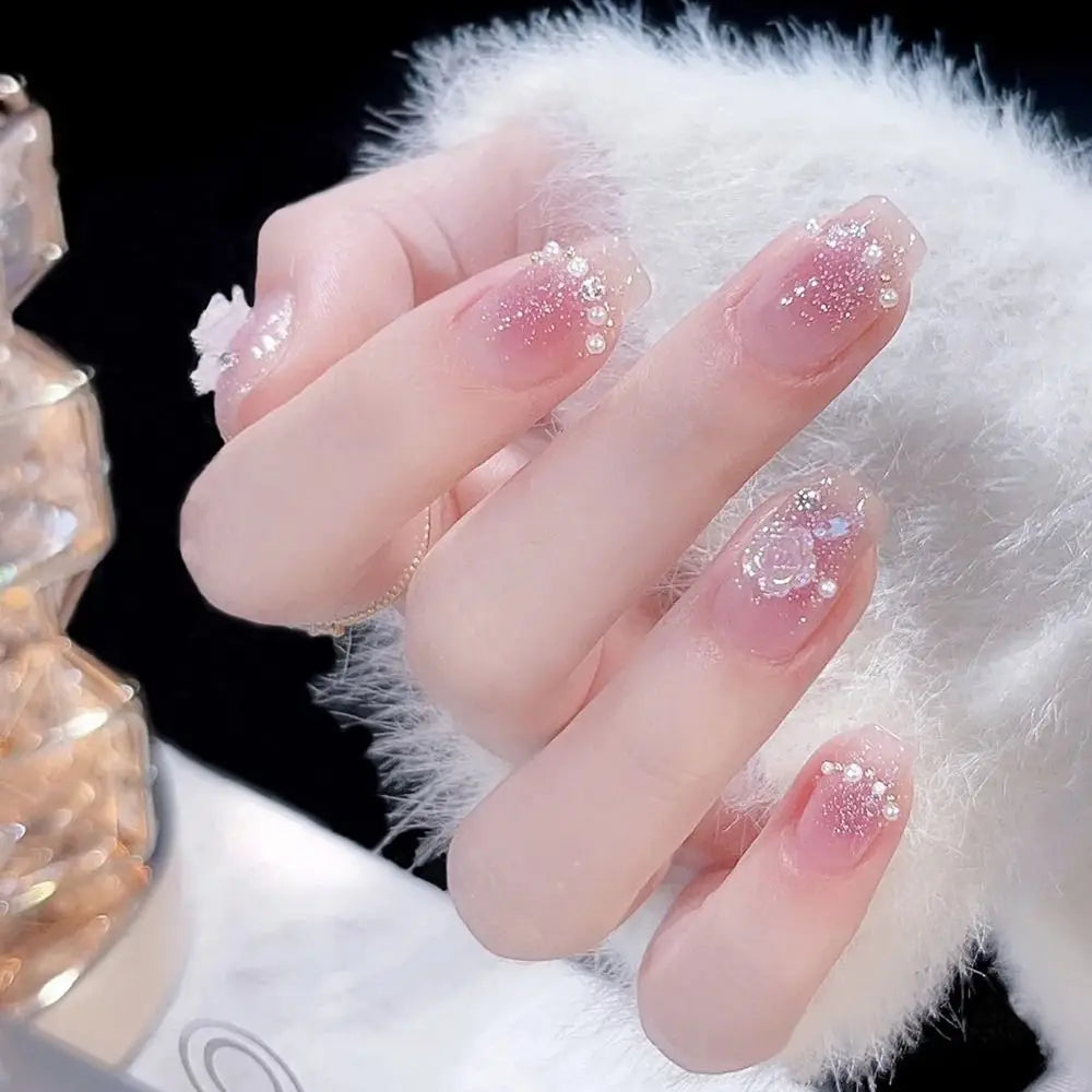 24pcs False Nail Full Cover Fake Nail Elegant Pink Gradient Glitter French Short Nails Coffin Short False Nail Press on Nails