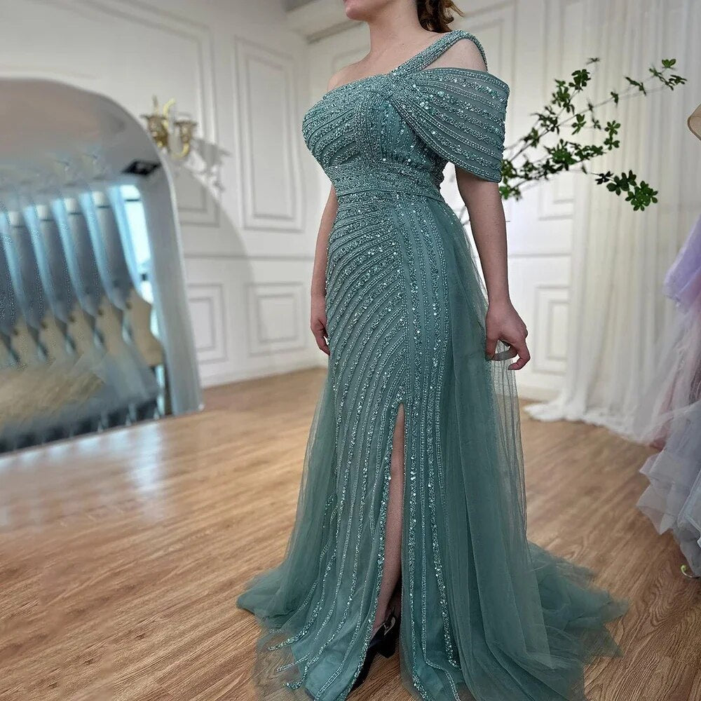 Serene Hill Turquoise High Split Luxury Beaded 2023 for Woman Party Evening Dresses Gowns Mermaid Elegant  LA71651