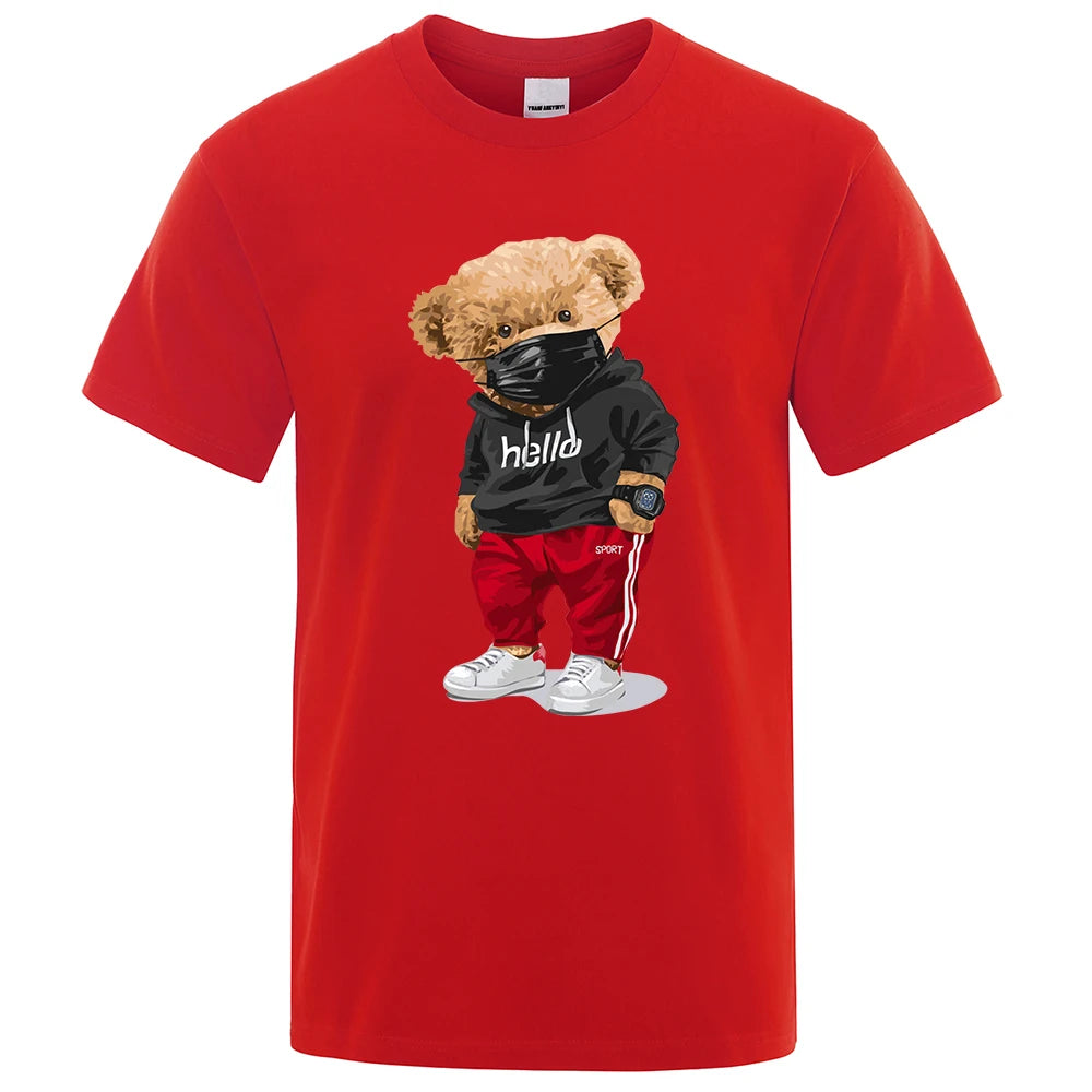 100% Cotton Sports Mask Bear Print Short-Sleeved T-Shirt Male Half-Sleeved Summer Casual Oversized T-Shirt Men Shirt S-Xxxl