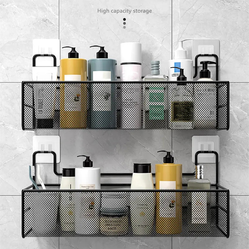 Wall-Mount Bathroom Shelf Shower Shampoo Rack Toilet Accessories Kitchen Free Punch Condiment Storage Basket Bathroom Organizer