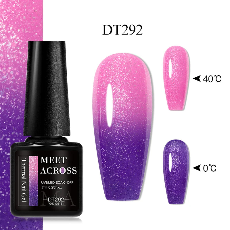 MEET ACROSS 7ml Auroras Thermal Gel Nail Polish Gold Glitter Gradient Color Changing Gel Semi Permanent Nail Art UV Gel Varnish