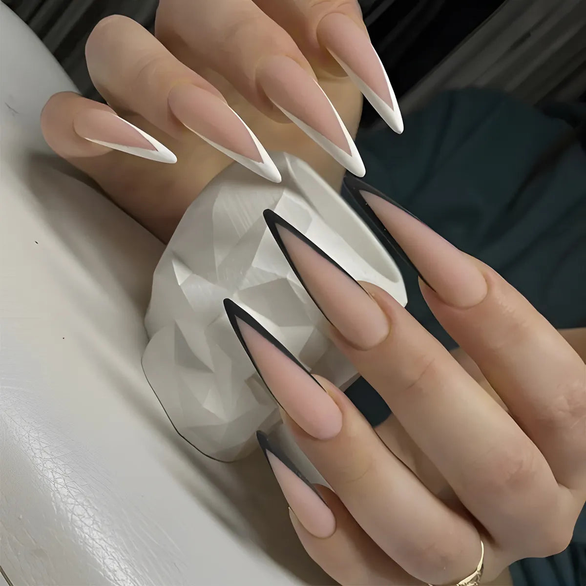 Long Almond Fake Nails Detachable French Ballet Halloween False Nails Nail Art Full Cover Nail Tips Press on Nails 24pcs