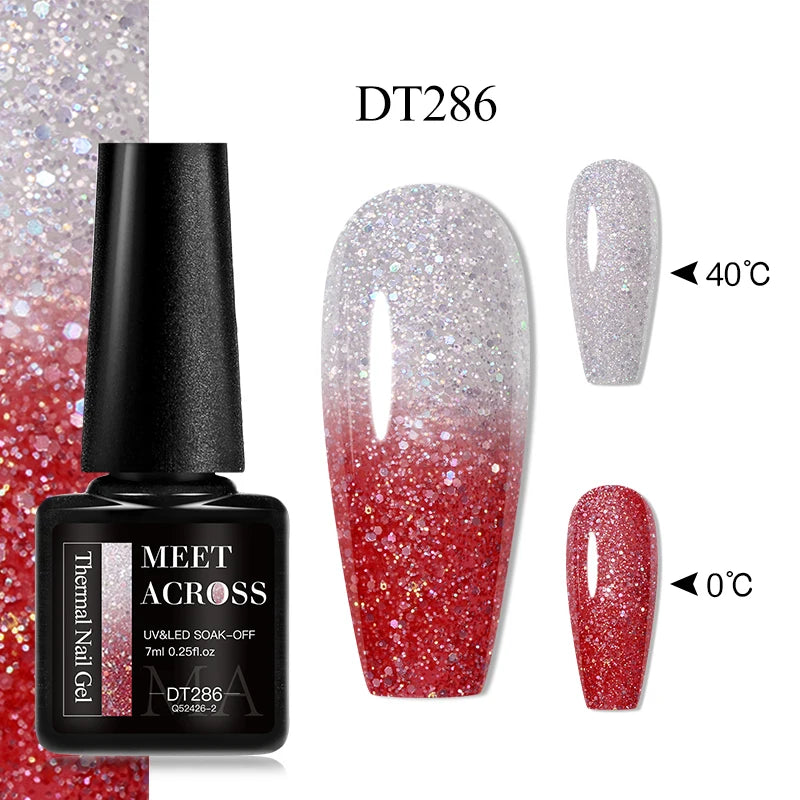 MEET ACROSS 7ml Auroras Thermal Gel Nail Polish Gold Glitter Gradient Color Changing Gel Semi Permanent Nail Art UV Gel Varnish