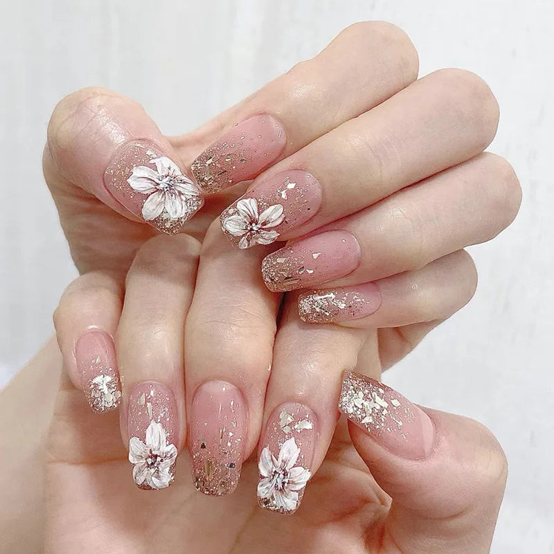 24Pcs Press on Nails Wearable Fake Nails Pink Gradient Glitter Butterfly Rhinestones False Nail Full Cover Acrylic Nail Tips