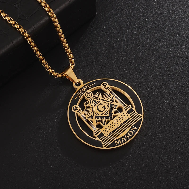 Men\'s Classic Punk Gold Plated Freemason Round Medal Pendant Necklace Hip Hop Style Rock Party Jewelry