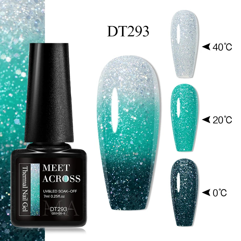 MEET ACROSS 7ml Auroras Thermal Gel Nail Polish Gold Glitter Gradient Color Changing Gel Semi Permanent Nail Art UV Gel Varnish