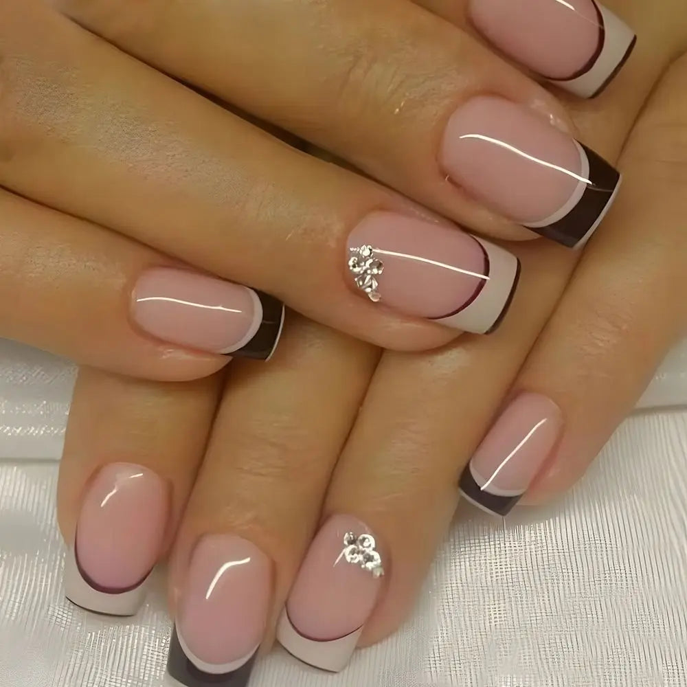 24pcs False Nail Full Cover Fake Nail Elegant Pink Gradient Glitter French Short Nails Coffin Short False Nail Press on Nails