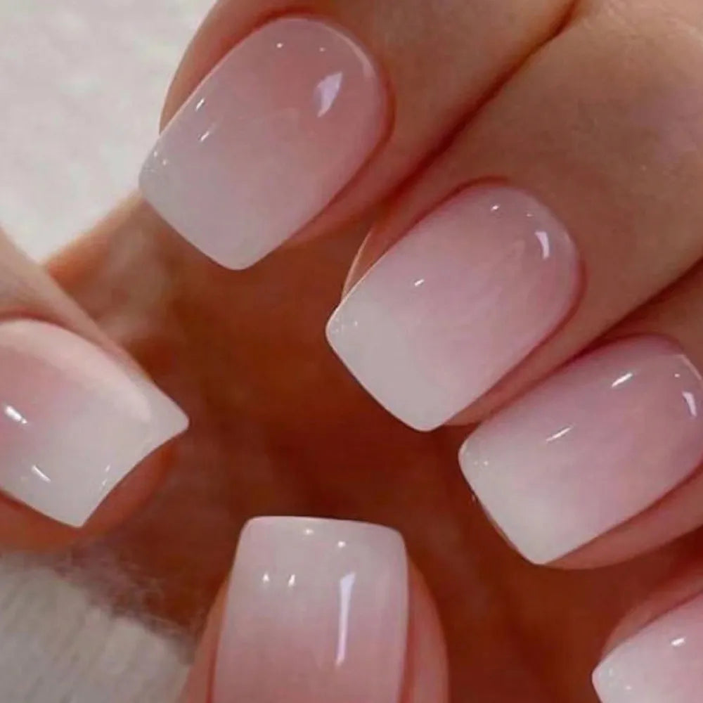 24pcs False Nail Full Cover Fake Nail Elegant Pink Gradient Glitter French Short Nails Coffin Short False Nail Press on Nails