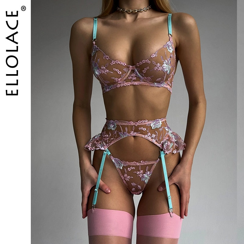 Ellolace Fairy Lingerie Floral Transparent Underwear Ruffle Garter Intimate Delicate Underwear Beautiful See Through Outfits