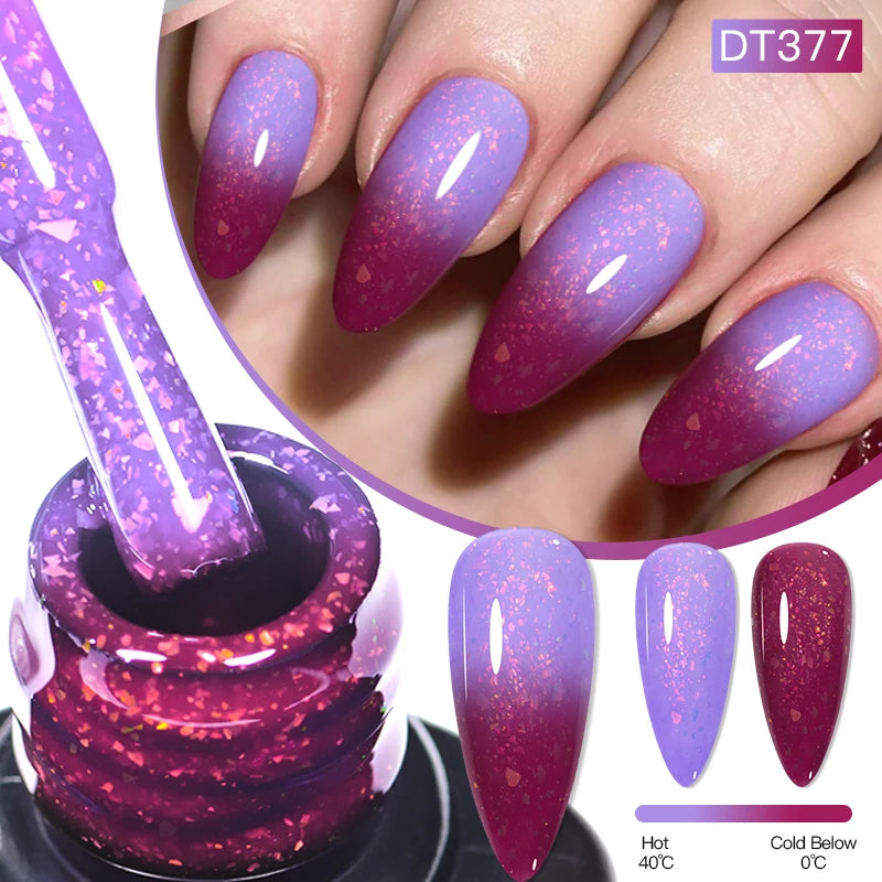 MEET ACROSS 7ml Auroras Thermal Gel Nail Polish Gold Glitter Gradient Color Changing Gel Semi Permanent Nail Art UV Gel Varnish