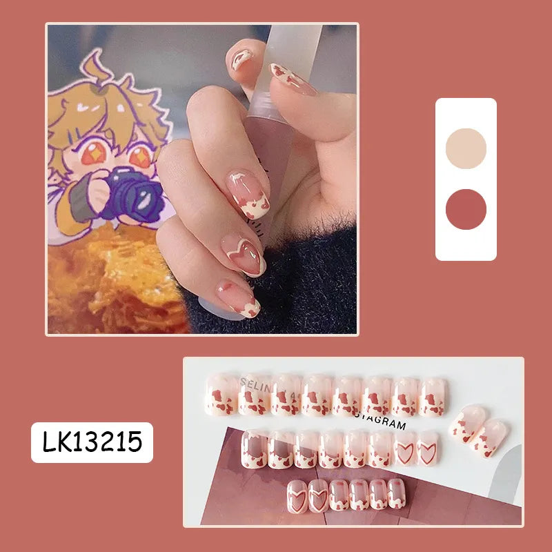 24PcsSet Wearable Press on Nail Art Full Cover Manicure Ballet Cute Nails False Removable Fake Nails With Glue Short Square Head