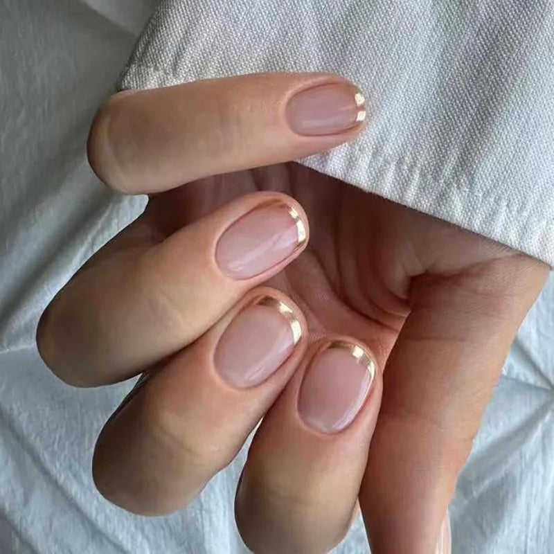 24pcs False Nail Full Cover Fake Nail Elegant Pink Gradient Glitter French Short Nails Coffin Short False Nail Press on Nails